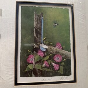 Vintage Signed Allen Montague "Mother's Day" Print Hummingbird Floral Farmhouse
